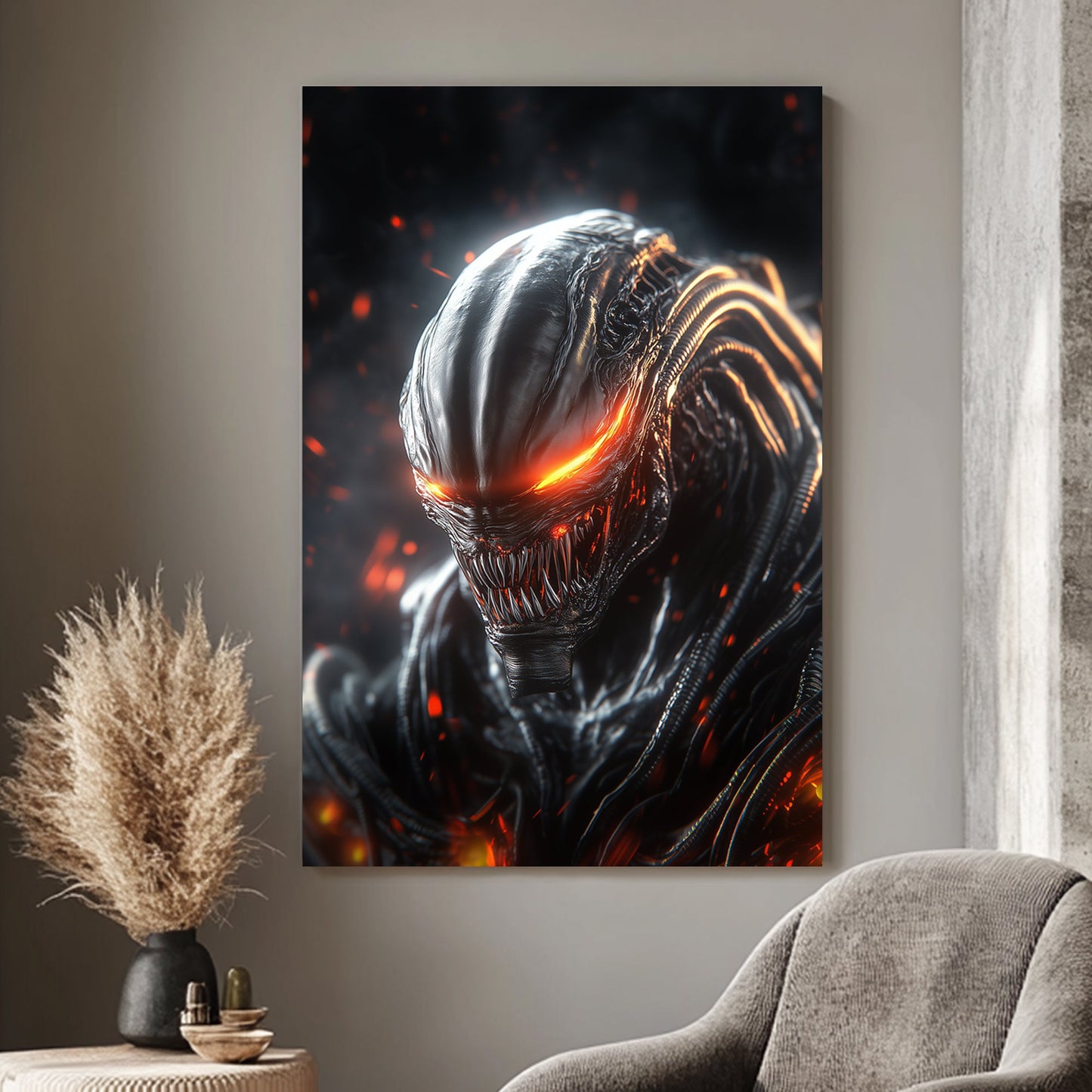 High-detail close-up of a sinister figure with glowing red accents, perfect for enhancing the dark and dramatic theme of a room.