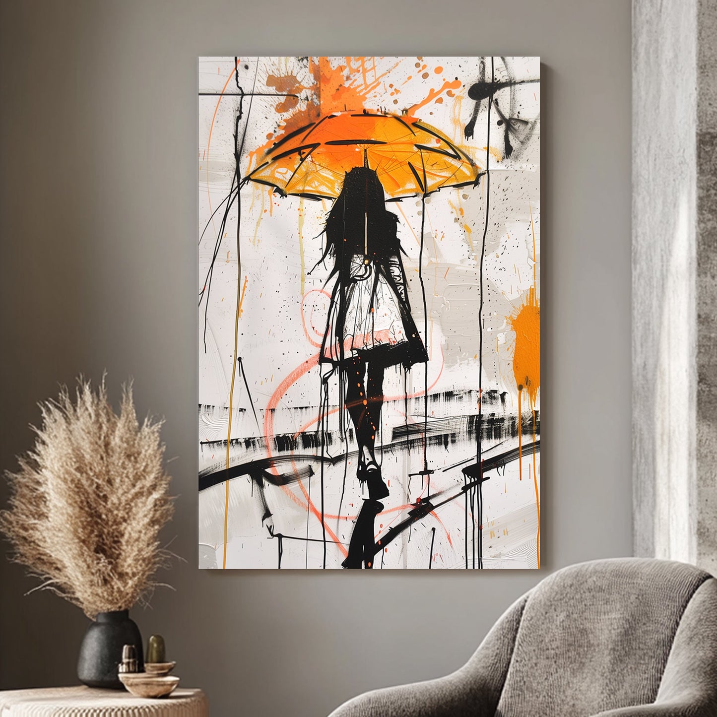 Abstract wall art print depicting a silhouette under an umbrella with vibrant orange and black splashes, symbolizing resilience and calm amidst chaos.