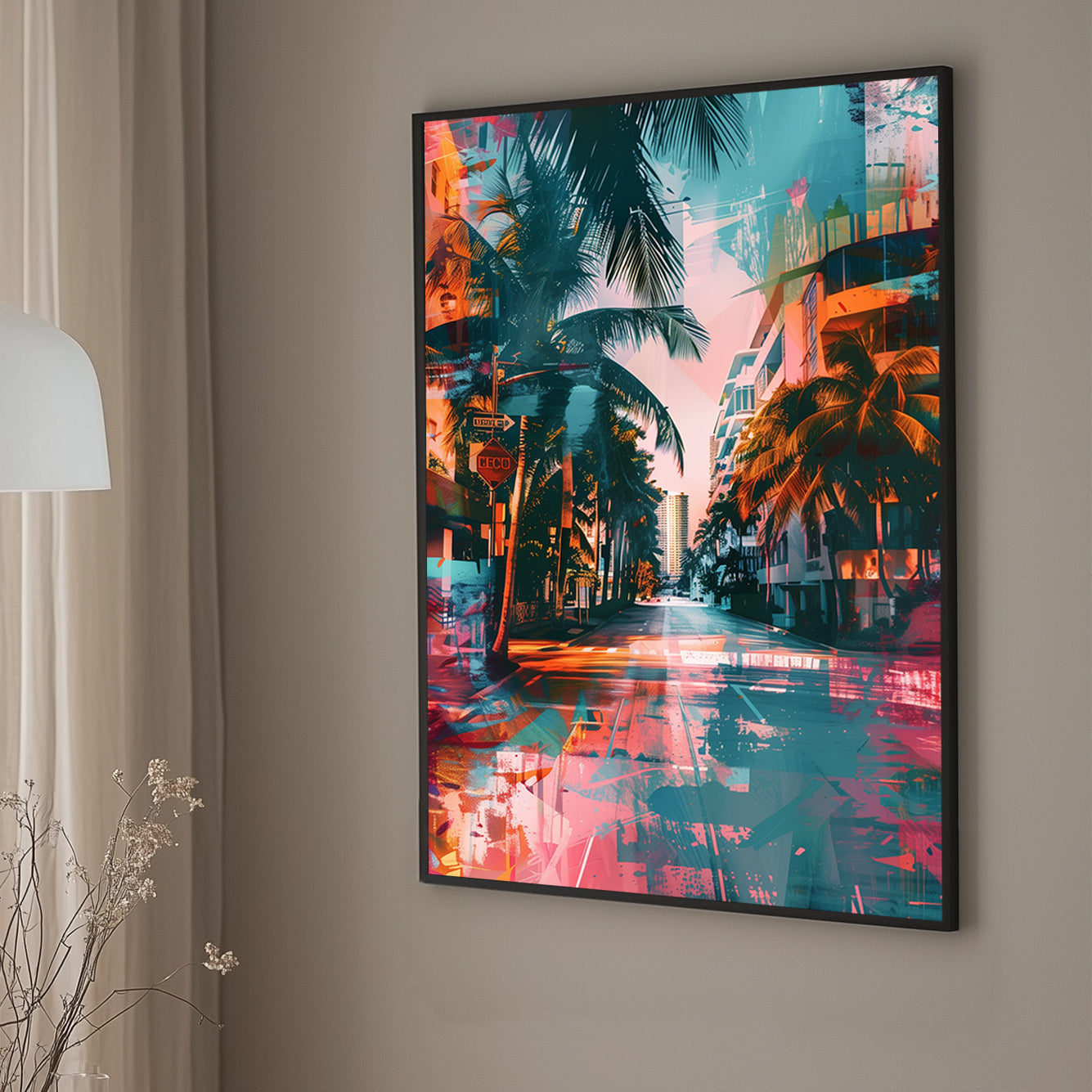 A vibrant and colorful digital wall art print of a city street lined with palm trees in neon pink and blue hues, ideal for bringing urban energy into any space.