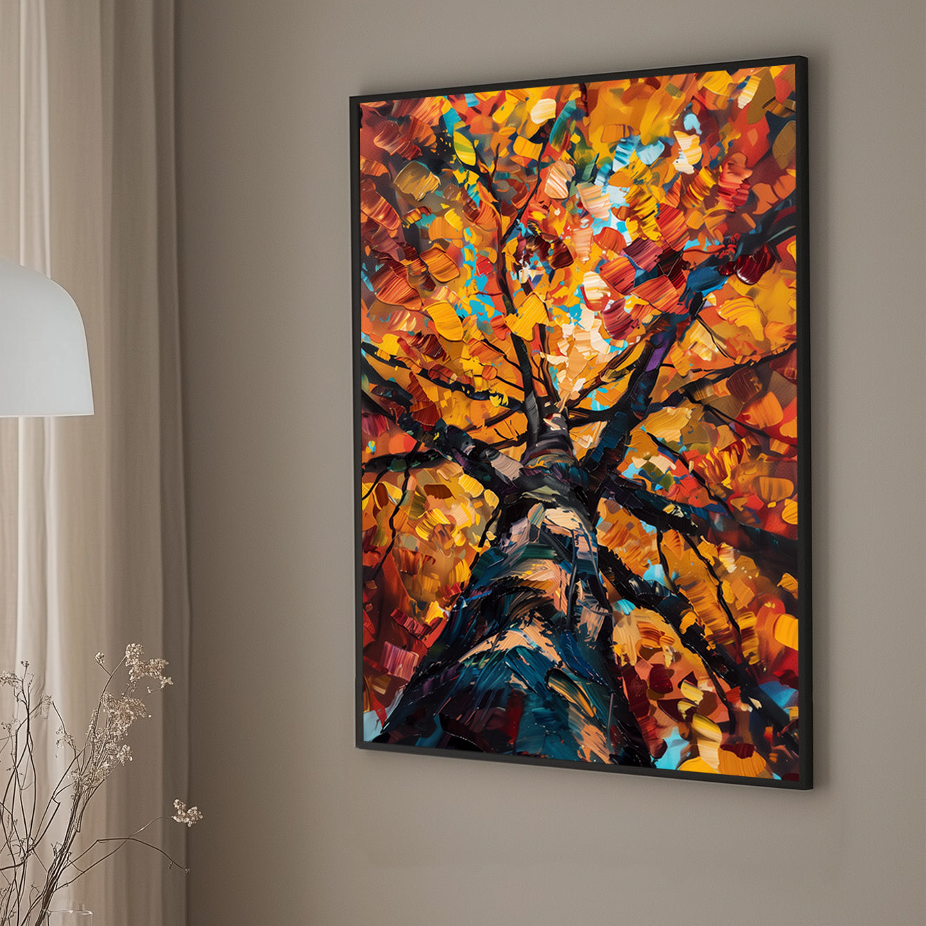Impressionistic wall art print of a tree in autumn, with leaves in vibrant shades of orange, red, and yellow, ideal for bringing the warmth of fall into home decor.