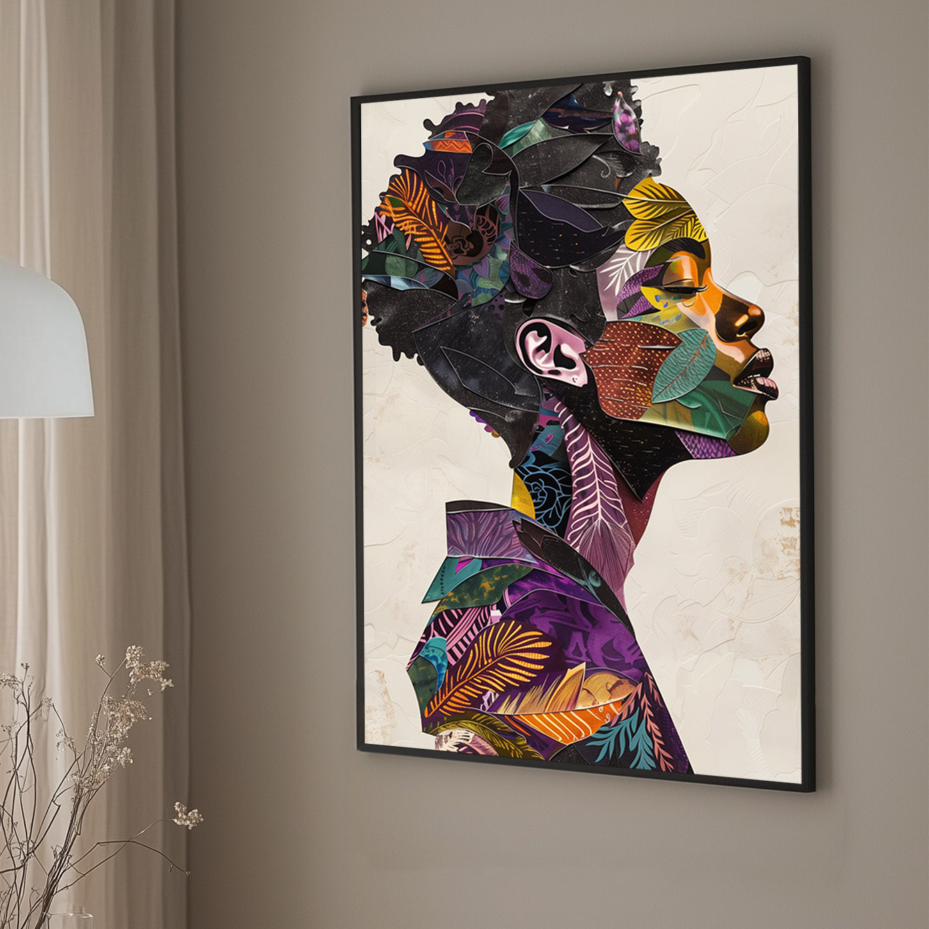 Artistic collage of a figure’s profile made from various colorful and patterned segments, perfect for adding a touch of sophisticated artistry to any space.