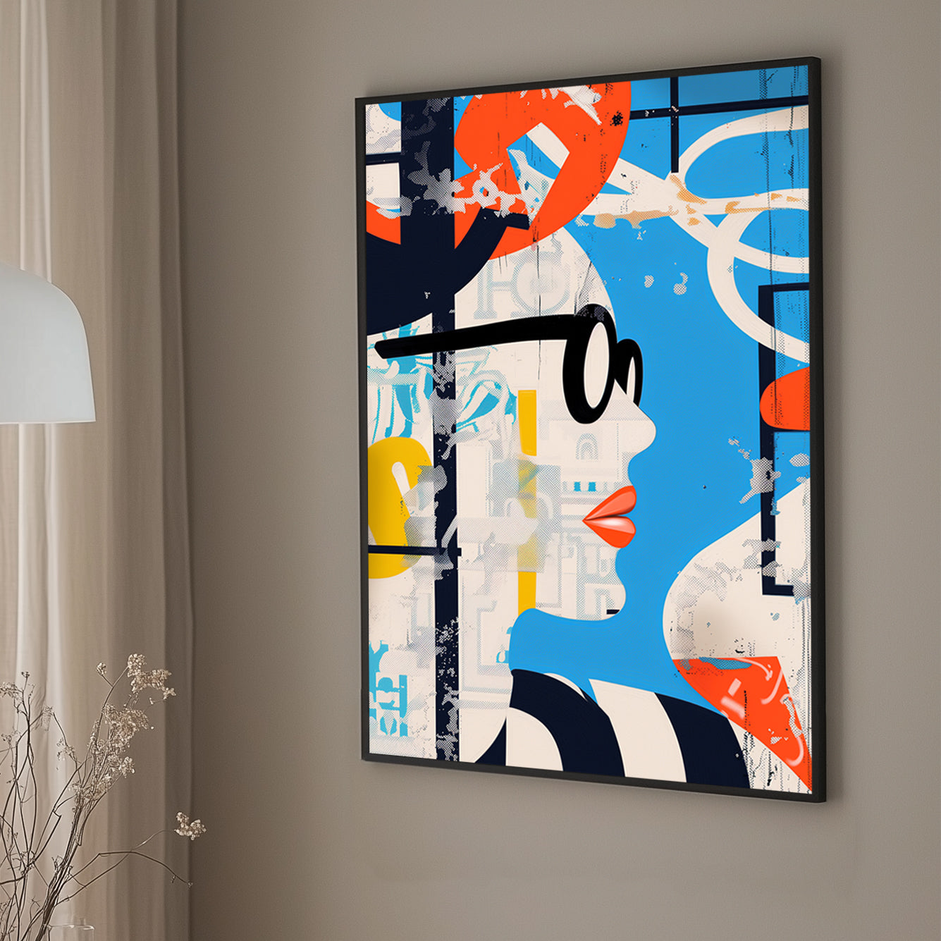 Modern pop art style wall art print with a fragmented female figure and abstract elements in orange and blue, ideal for adding a vibrant and stylish touch to contemporary interiors.