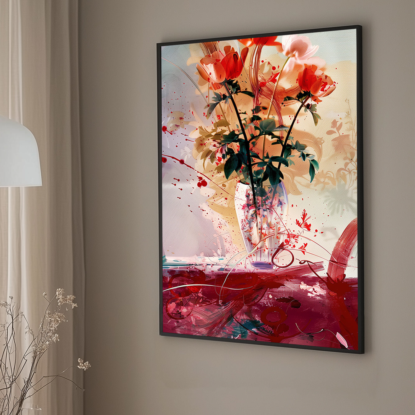 Dynamic abstract wall art print of vibrant flowers in a vase, blending traditional floral beauty with modern art splashes, perfect for adding a lively and artistic touch to any room.