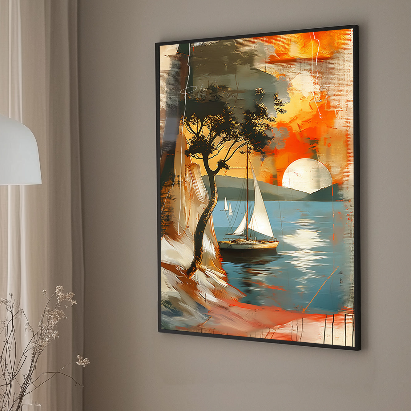 Abstract seascape with sailboats and a silhouette of a tree against a sunset, blending rich oranges and cool blues, perfect for creating a tranquil atmosphere in any room.