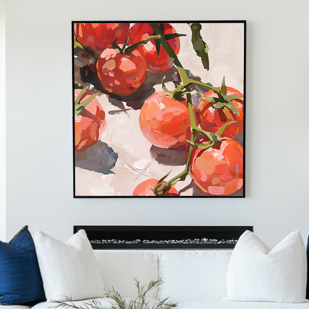 Realistic wall art print of ripe tomatoes on the vine, using vibrant reds and expressive brush strokes, ideal for enhancing kitchen or dining room decor with a touch of nature’s freshness.