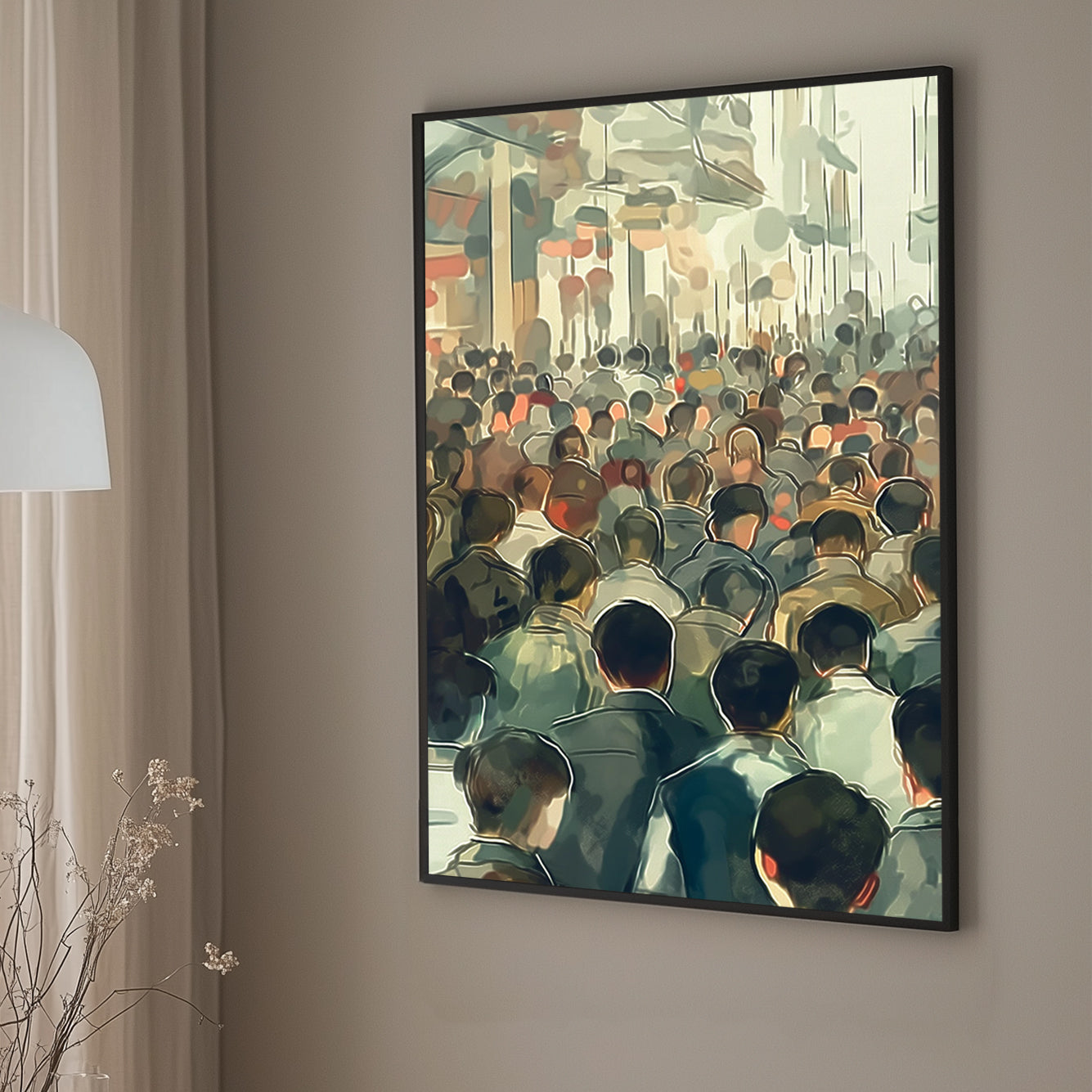 Impressionistic wall art print of a dense crowd in an urban setting, capturing the movement and anonymity of city life in muted tones with subtle color highlights.