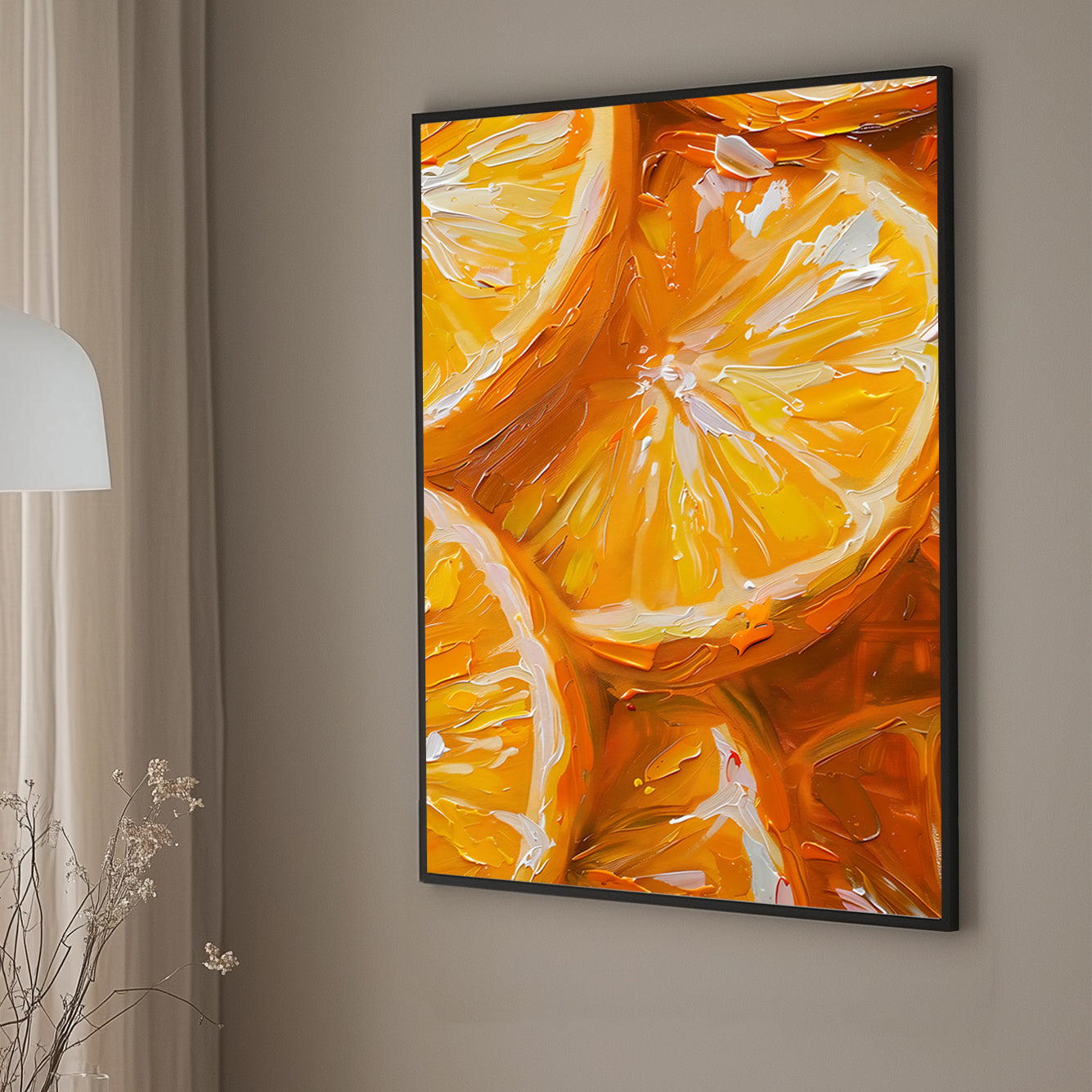 Close-up wall art print of vivid citrus slices in orange and yellow, depicted with dynamic brush strokes that enhance the fresh, zesty feel, ideal for lively kitchen decor.