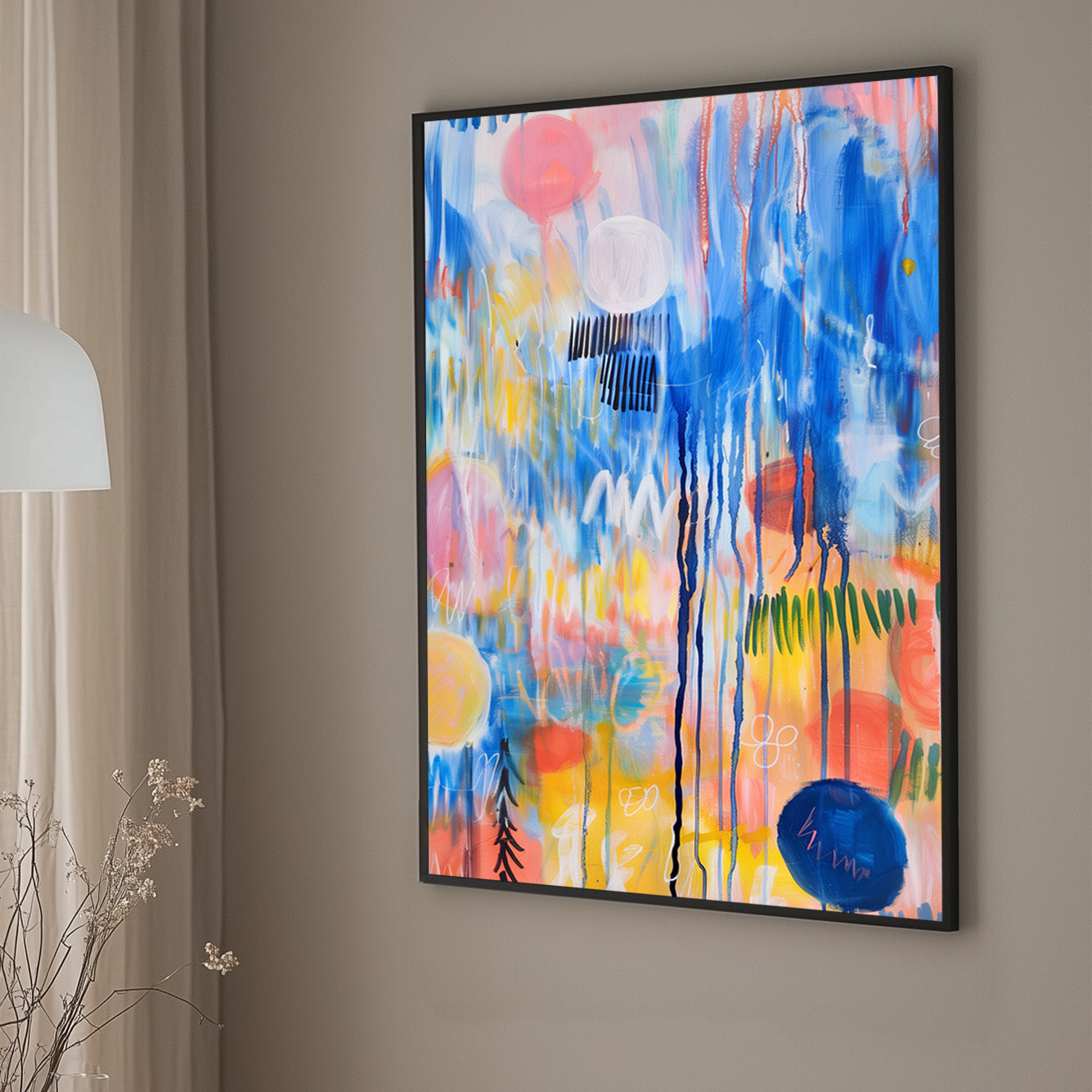 Abstract expressionist wall art print featuring a riot of colors with dynamic strokes and splatters, evoking the feeling of a musical symphony in visual form.