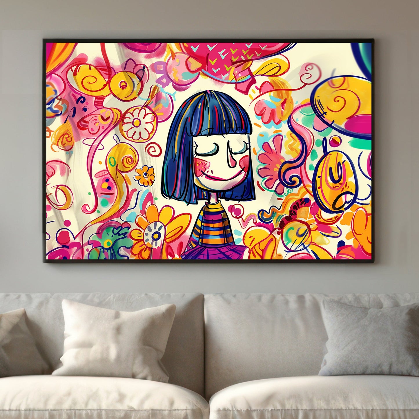 Colorful, cartoon-style wall art print of a smiling girl with vibrant swirls and floral patterns in a playful, abstract design, ideal for brightening up children’s spaces or creative areas.