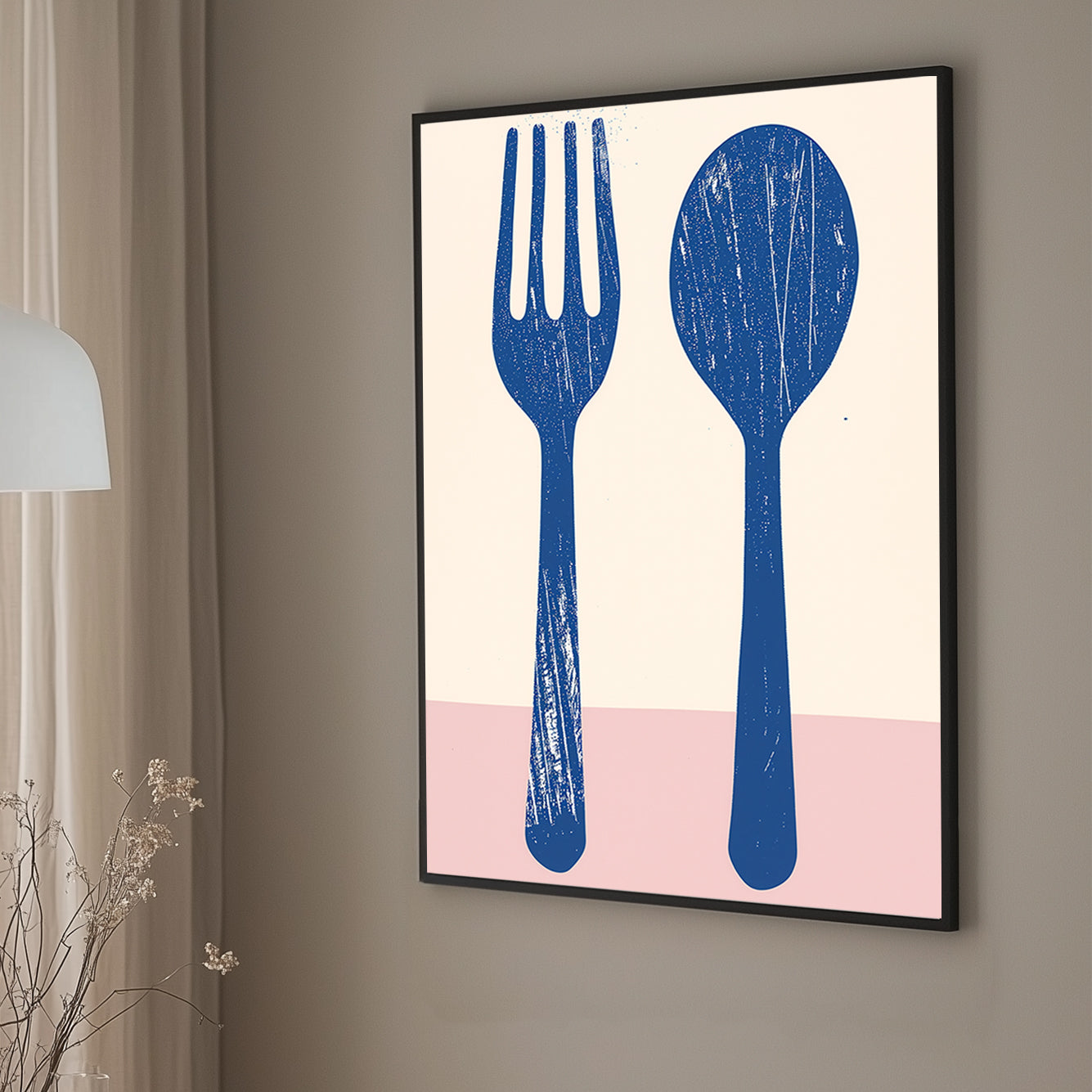 Minimalist blue silhouettes of a fork and spoon set against a soft pink background, showcasing a modern and textured look ideal for kitchen or dining room decor.