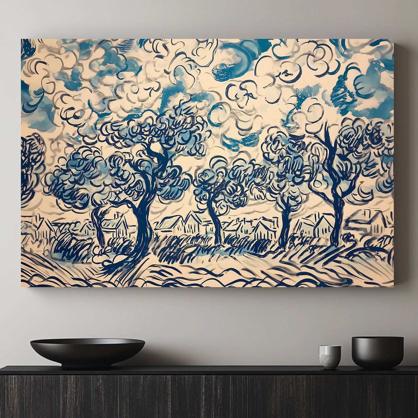 Expressive wall art print of swirling trees and clouds in shades of blue and white, depicting a lively rural landscape in an abstract style.
