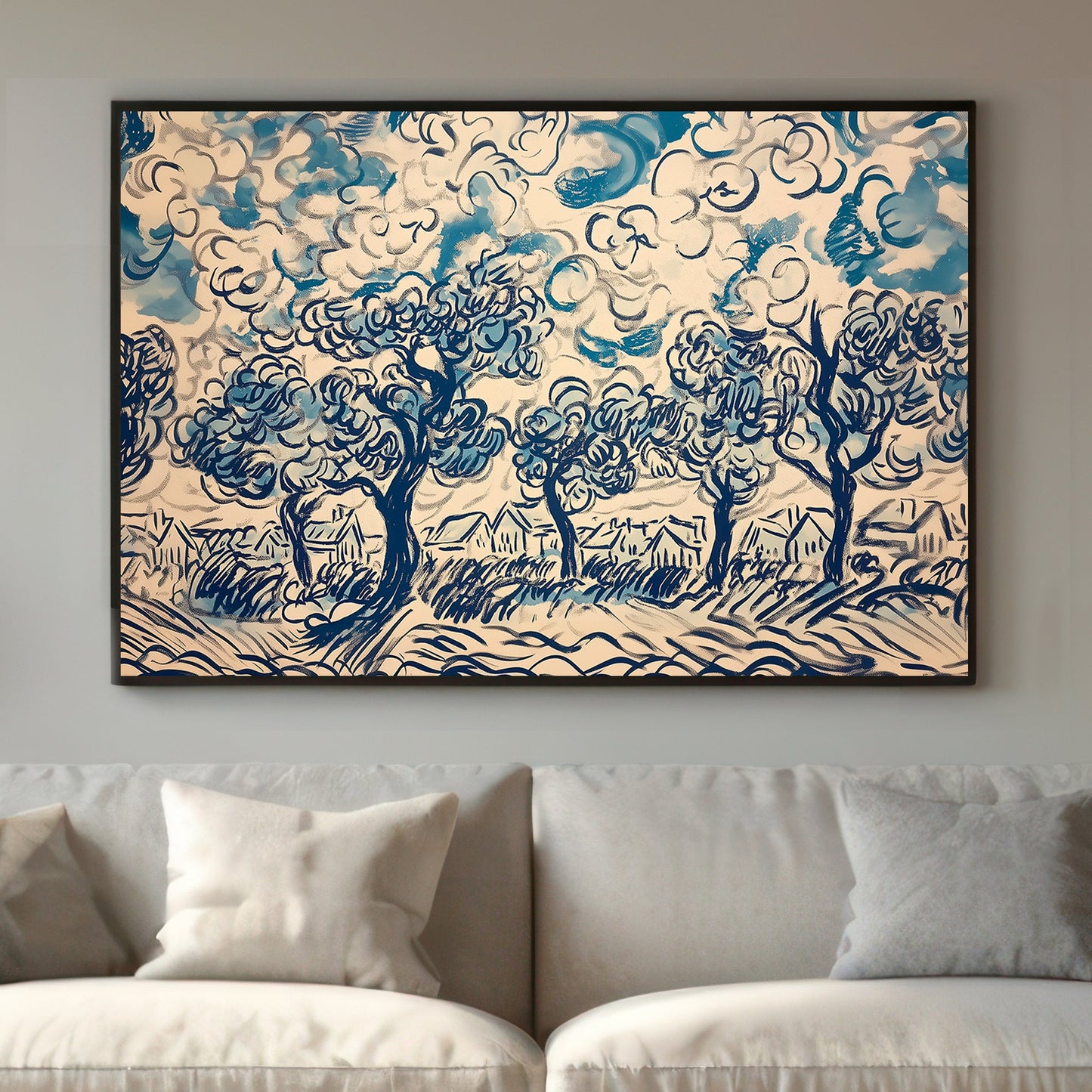 Expressive wall art print of swirling trees and clouds in shades of blue and white, depicting a lively rural landscape in an abstract style.