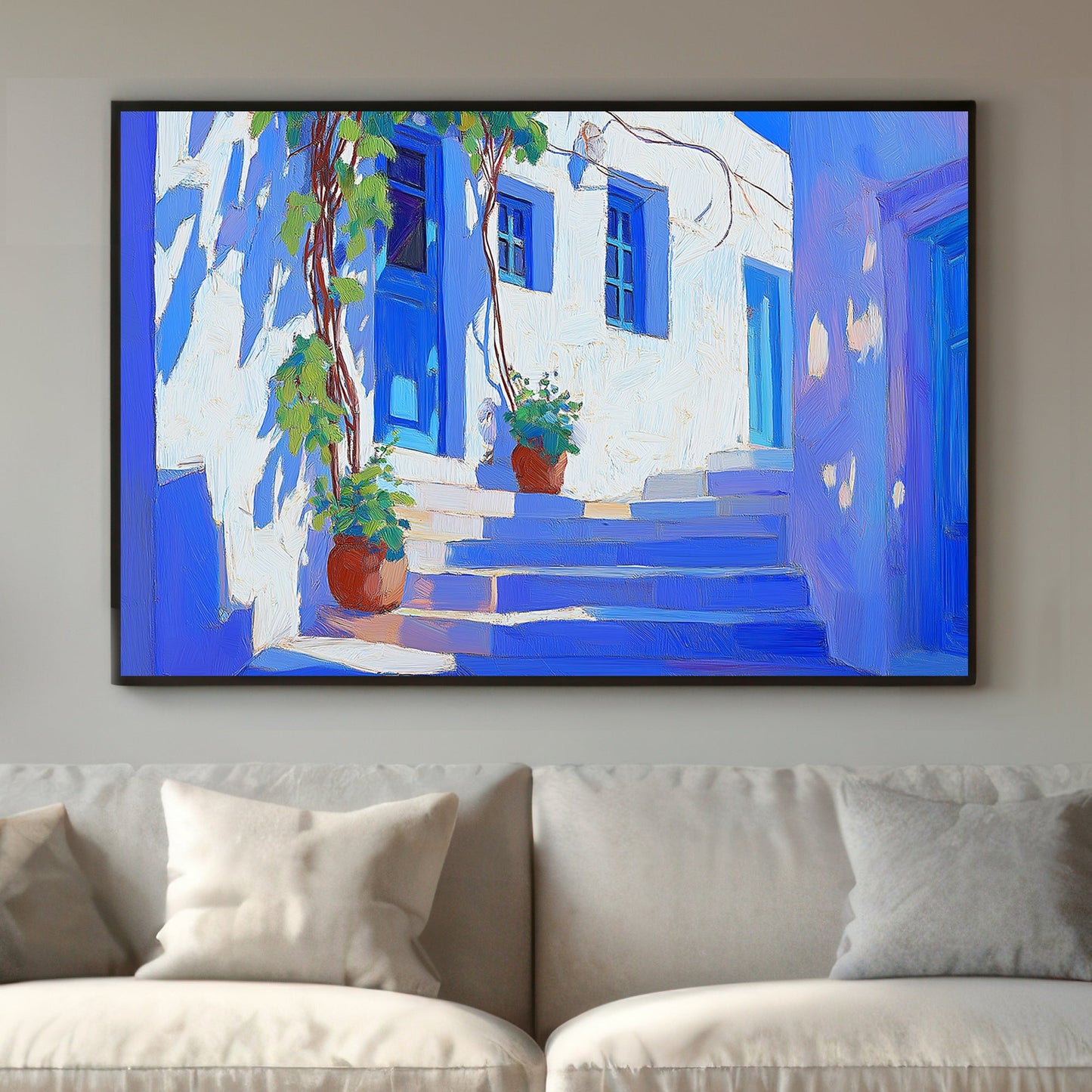 Impressionist style wall art print of a bright sunlit Mediterranean alley with blue doors and windows, accented by potted green plants, evoking a serene, picturesque atmosphere.