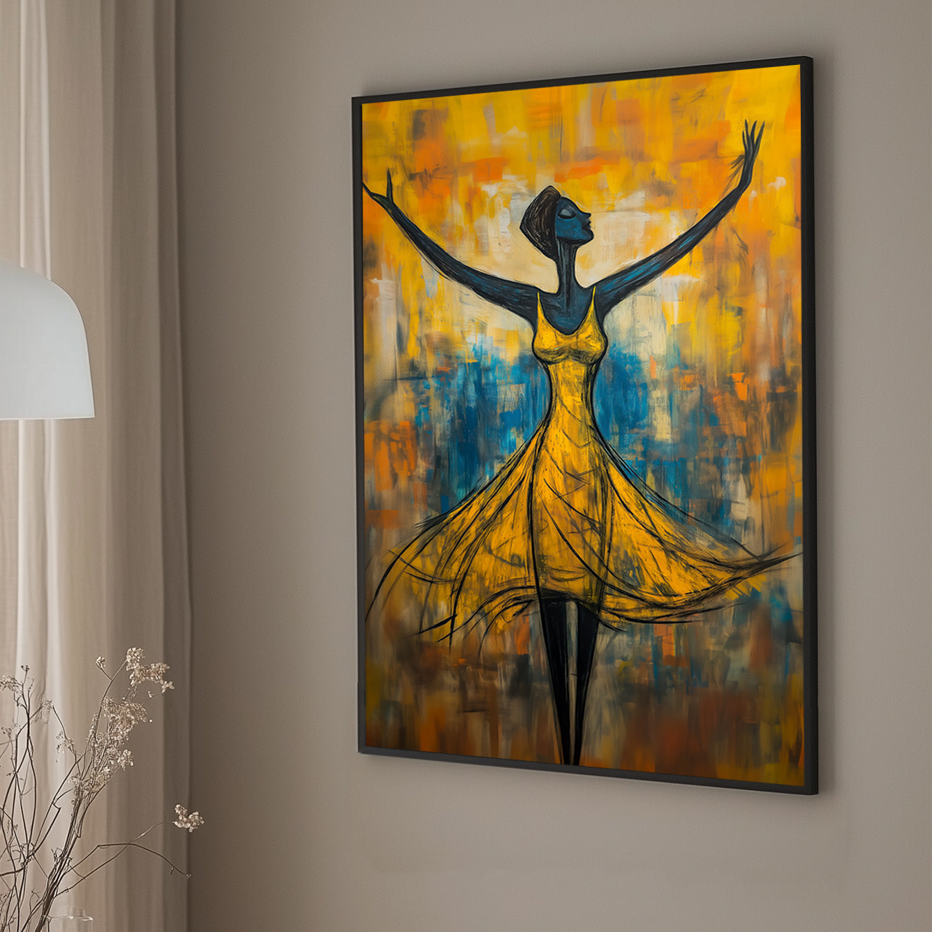 Expressive wall art print of a woman in a flowing yellow dress, arms raised in a pose of joy and liberation, set against a vibrant, abstract background in shades of blue and orange.