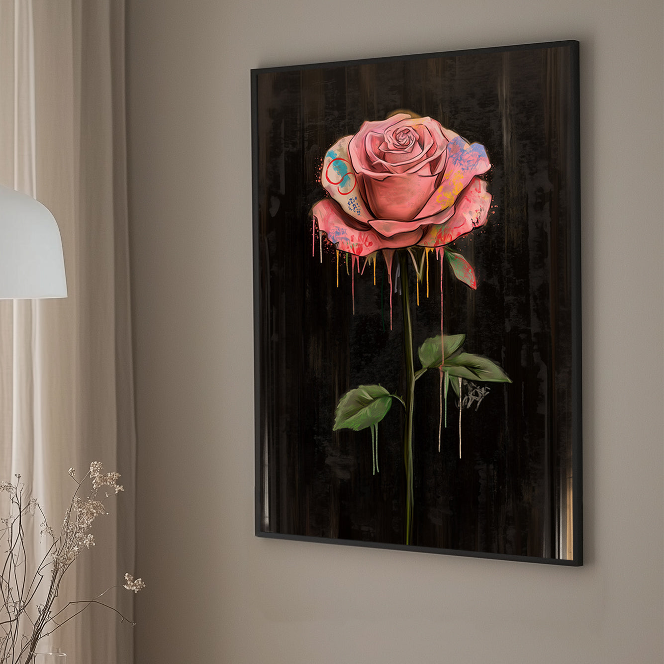 A large pink rose splattered with colorful paint against a black background, symbolizing the depth and complexity of emotions in a pop art style.