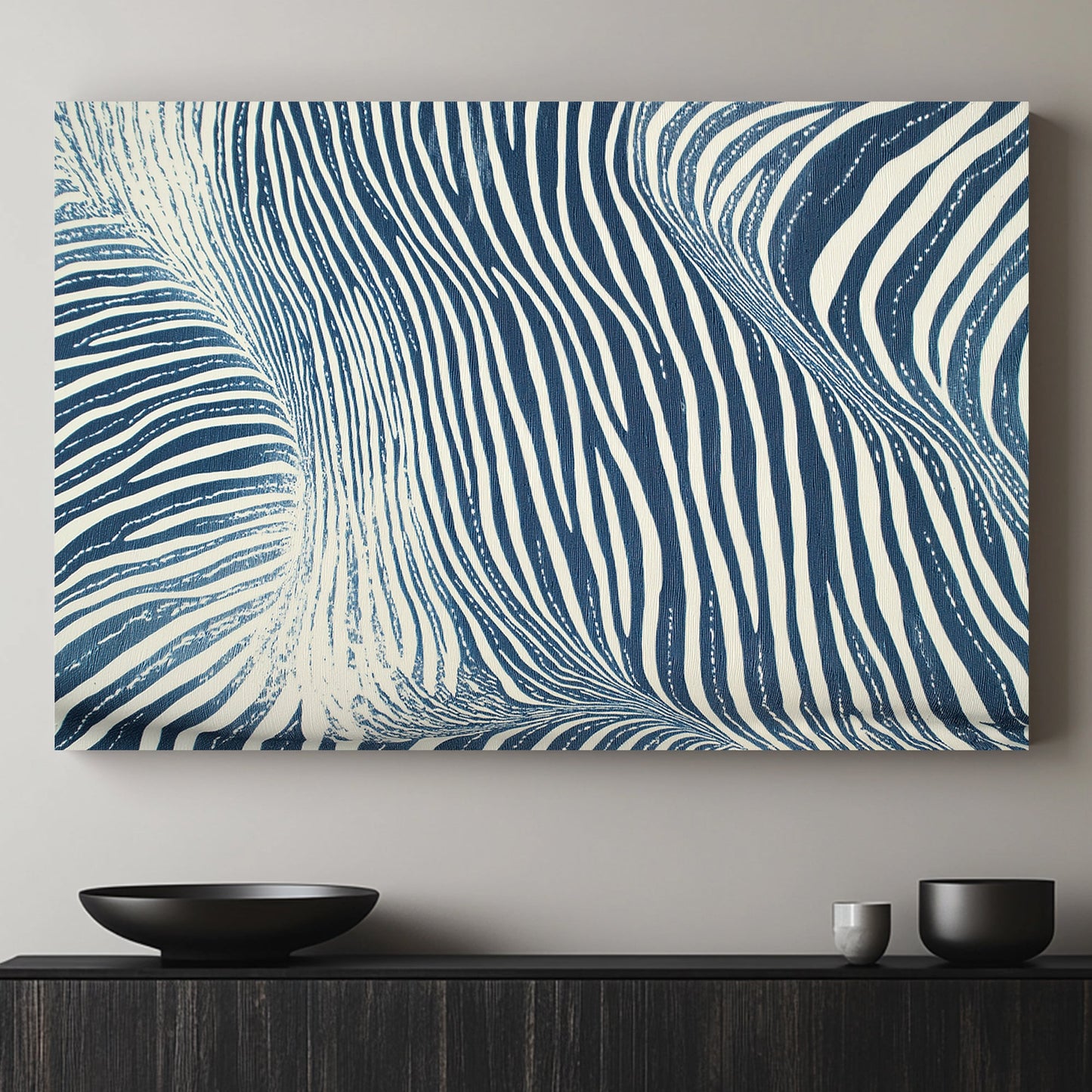 Abstract art of undulating white and navy blue stripes, resembling the dynamic flow of ocean waves, styled in a minimalist manner.