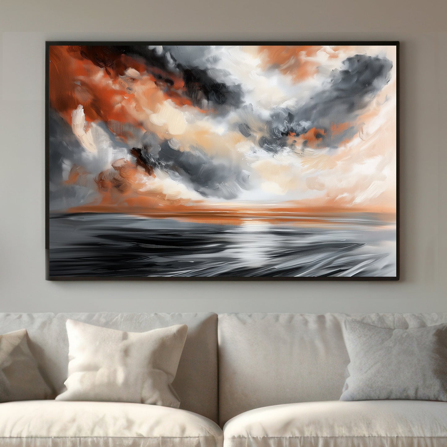 Abstract expressionist wall art print of a stormy sky with swirling clouds in shades of grey, black, and orange over a serene water body, reflecting the powerful yet beautiful nature of a storm.