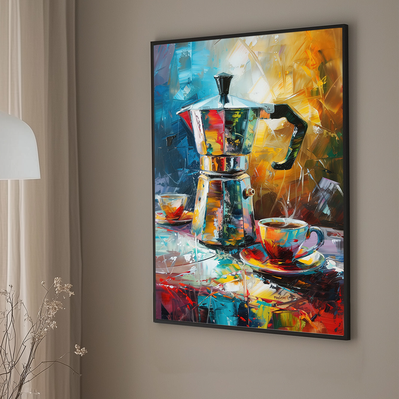 A moka pot and two colourful coffee cups depicted in a vivid abstract wall art print, with dynamic brushstrokes and radiant tones capturing the essence of a lively morning.