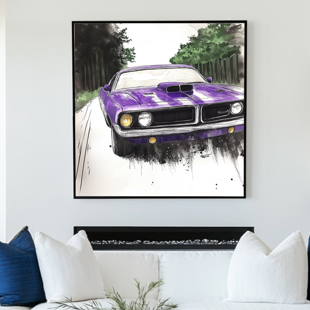 A vibrant purple muscle car depicted with detailed ink and watercolour techniques, set against a tree-lined road background. The wall art print captures the dynamic energy of motion and classic car design.