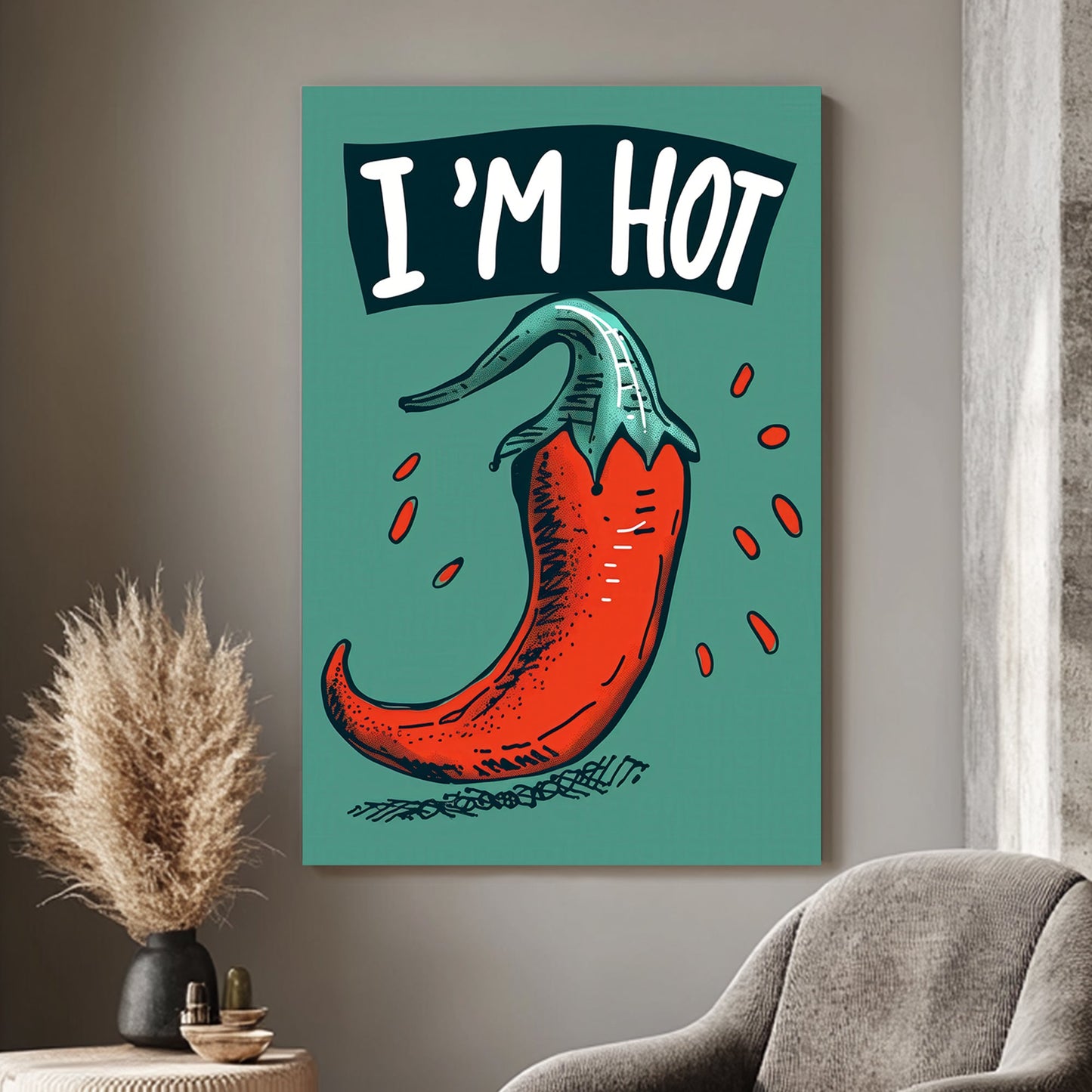 A vibrant cartoon-style red chilli pepper with seeds, paired with the playful caption “I’m Hot,” set against a teal background. Fun and bold design for quirky spaces.