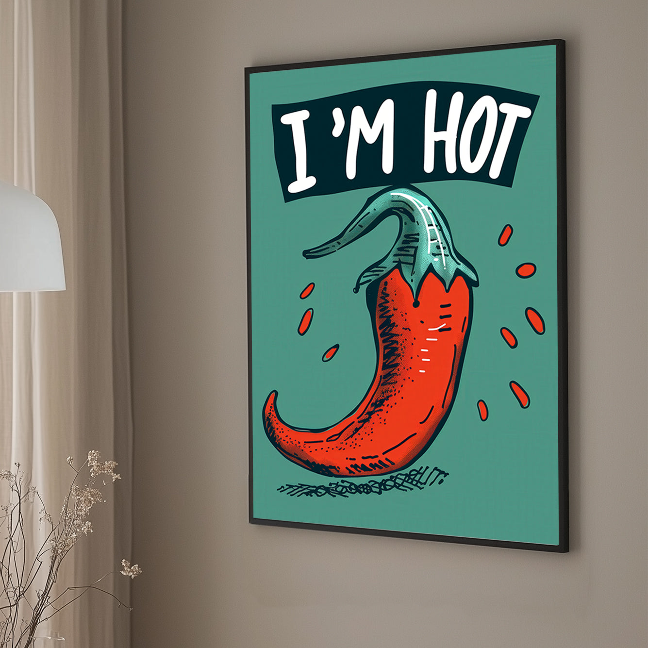 A vibrant cartoon-style red chilli pepper with seeds, paired with the playful caption “I’m Hot,” set against a teal background. Fun and bold design for quirky spaces.