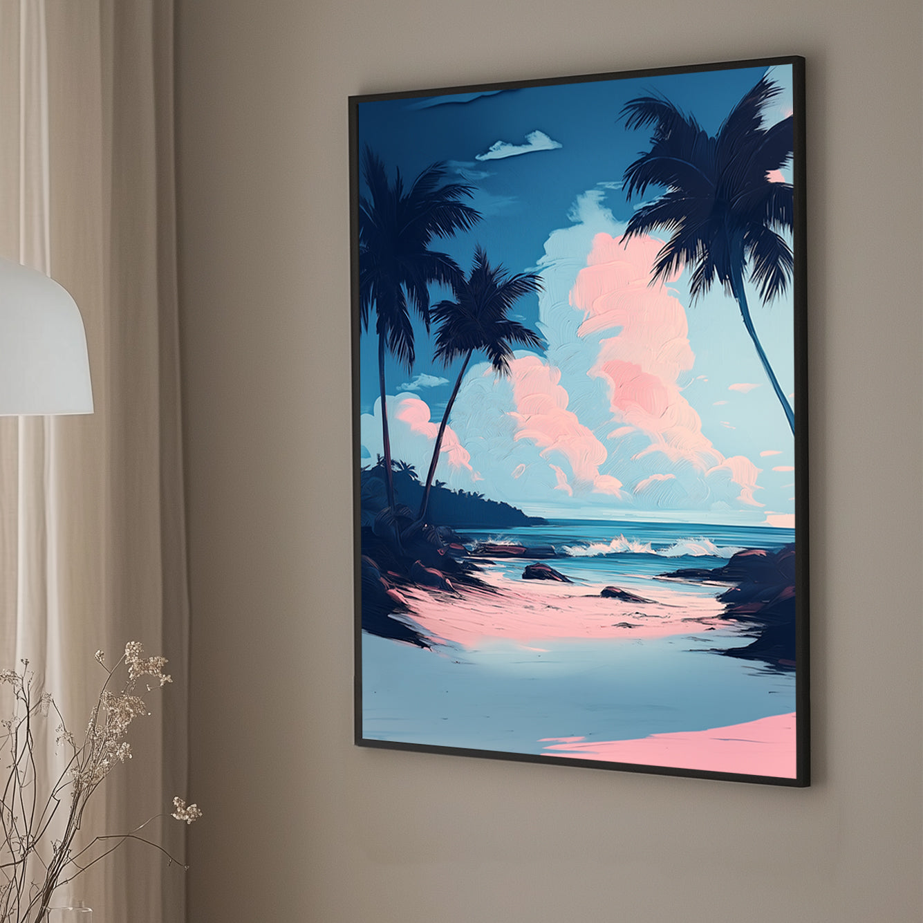 A dreamy coastal wall art print with soft pink clouds, blue skies, and a serene ocean framed by silhouettes of palm trees. A tranquil and tropical modern art piece.
