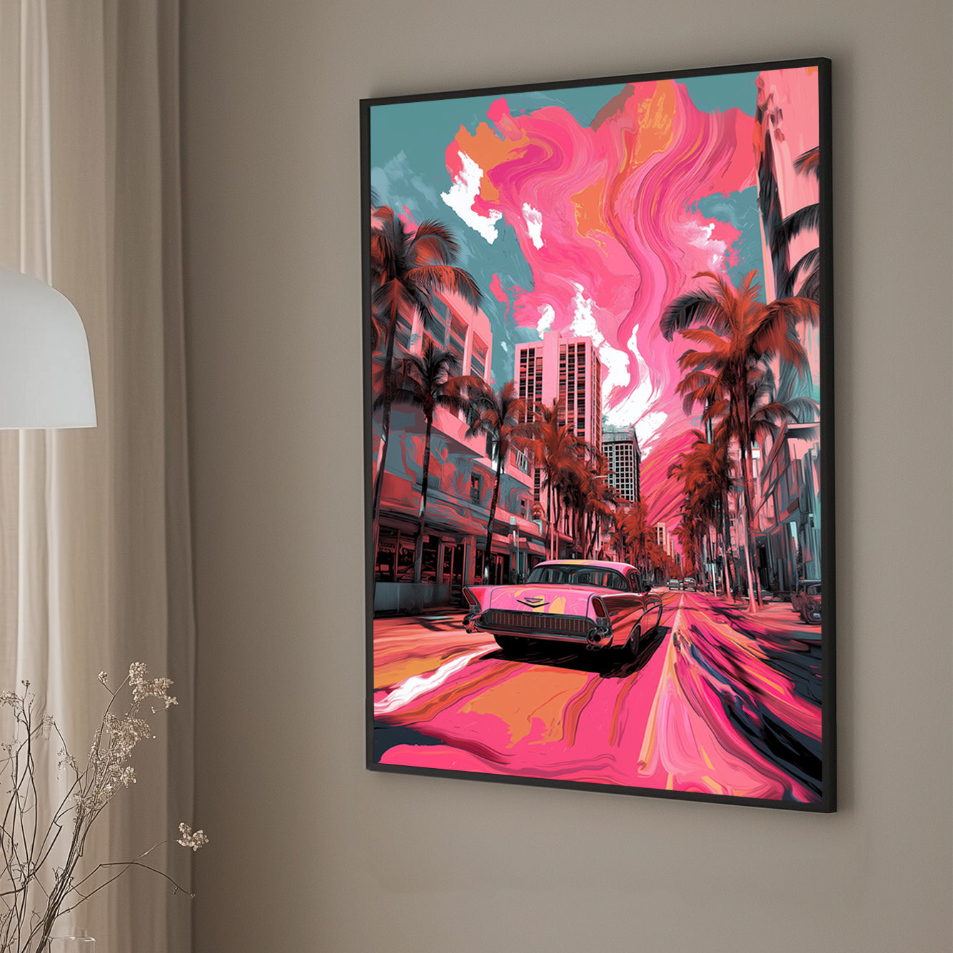 A pop art wall art print of a classic Cadillac on a Miami street with swirling pink and orange skies, palm trees, and urban buildings in the background.
