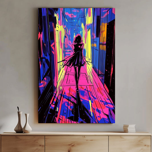 A neon-inspired wall art print of a figure walking down a corridor lit with vivid pink, blue, and yellow, creating a cyberpunk vibe with glowing abstract highlights.