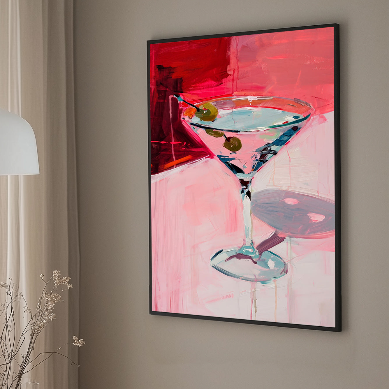 Modern wall art print of a martini glass with olives, set against a dynamic crimson and pink background with expressive brushwork, ideal for contemporary décor.