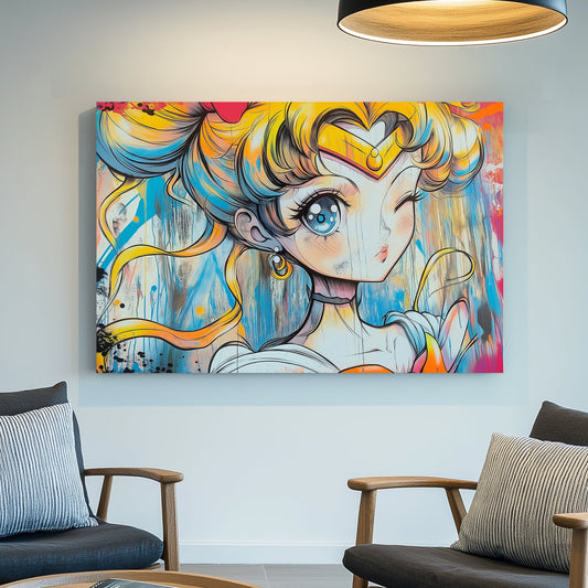 Graffiti-style Sailor Moon wall art print with neon colours and bold splashes, blending Japanese anime aesthetics with urban street art.