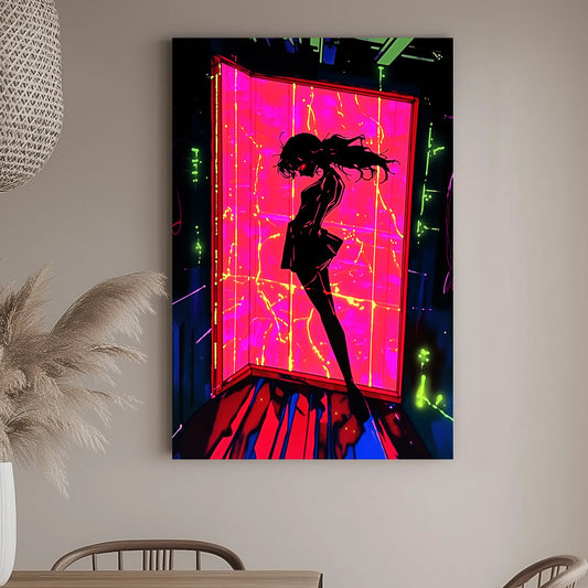 Anime-inspired neon shadow silhouette wall art with vivid pink and neon green tones, ideal for modern and gaming-themed spaces.