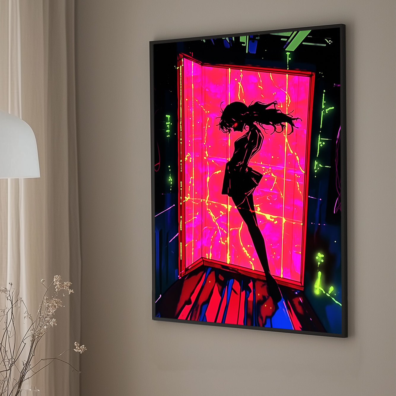 Anime-inspired neon shadow silhouette wall art with vivid pink and neon green tones, ideal for modern and gaming-themed spaces.