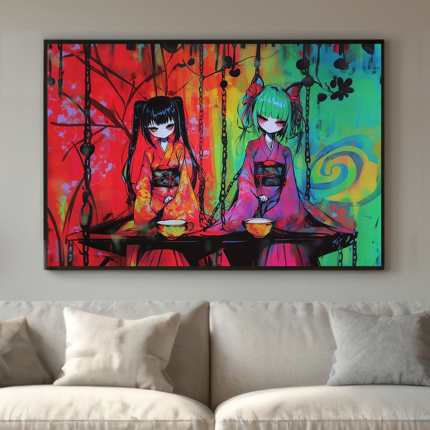 Anime-inspired wall art print featuring two characters in neon kimonos with bold, vibrant colours and intricate details, ideal for modern and Japanese-inspired spaces.