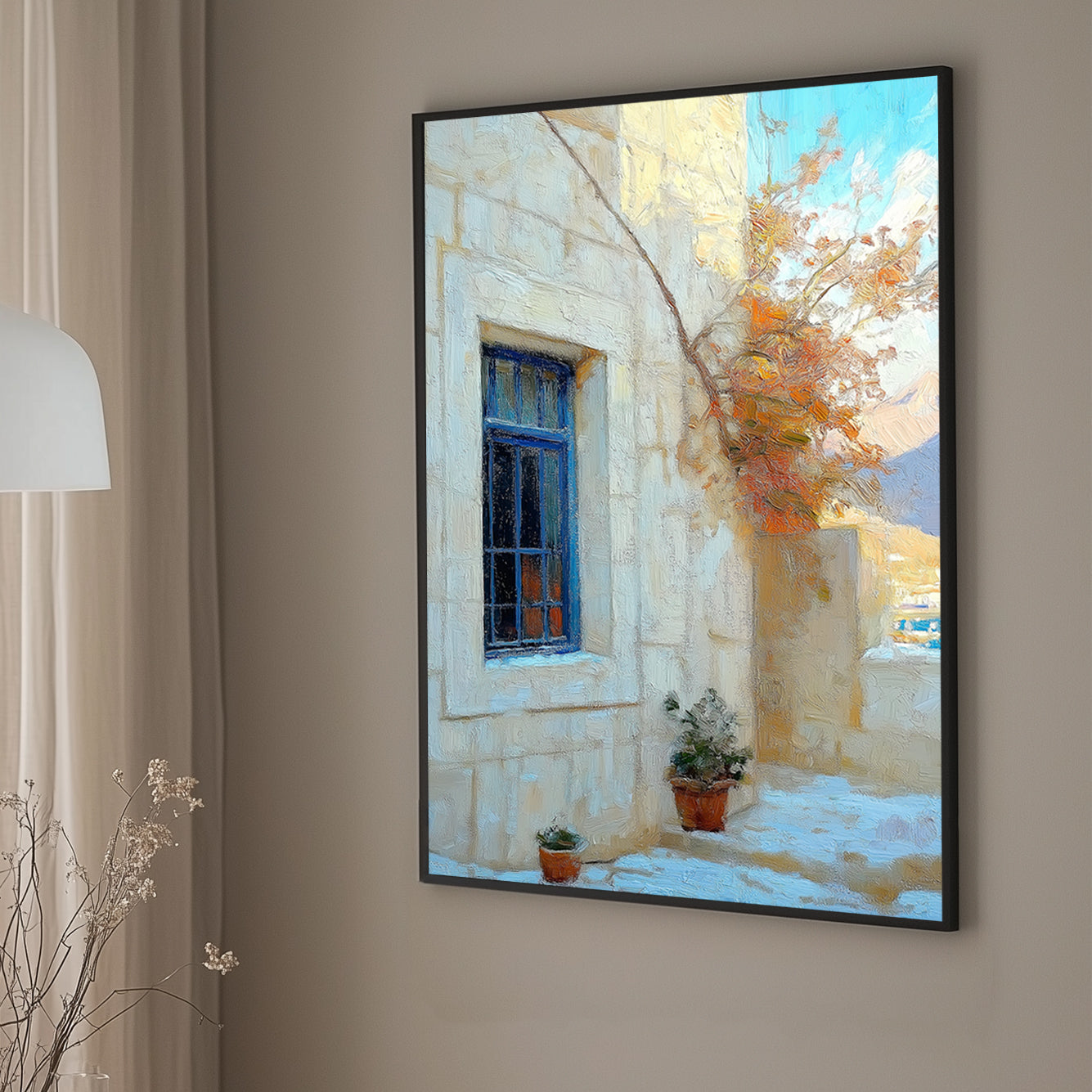 Mediterranean courtyard scene with a blue window, terracotta pots, and sunlit stone walls painted in an impressionist style.