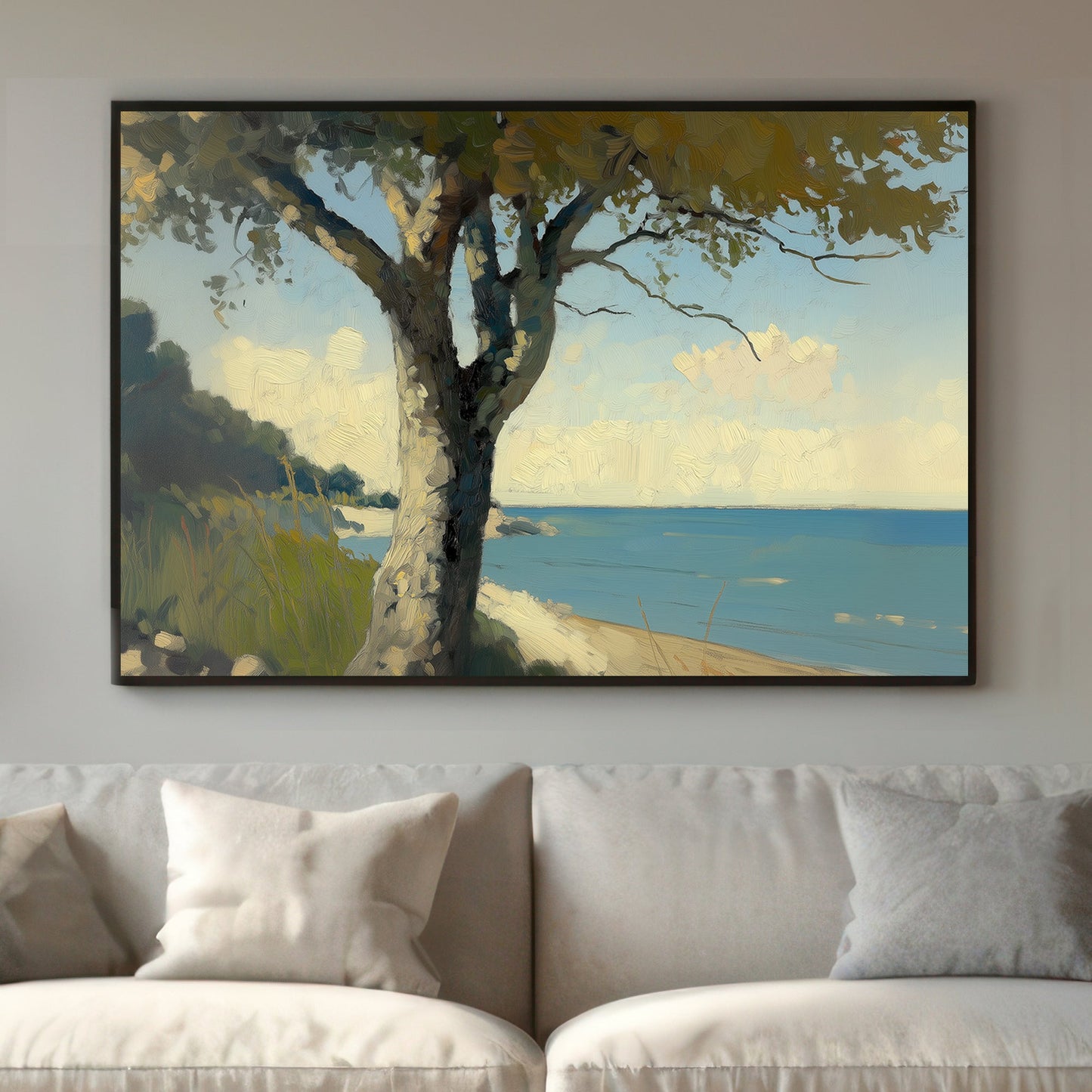 Impressionist wall art print of a sunlit tree by a calm coastline with clear skies and tranquil waters in soft tones.