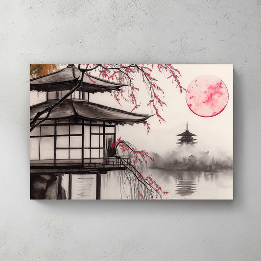 Japanese pagoda with cherry blossoms and red sun reflected in misty waters, ink art-inspired.