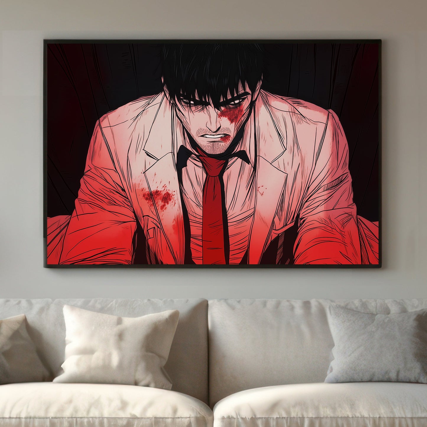 Manga-inspired wall art print of a bloodied man in a white suit with a red tie, expressing grit and determination.