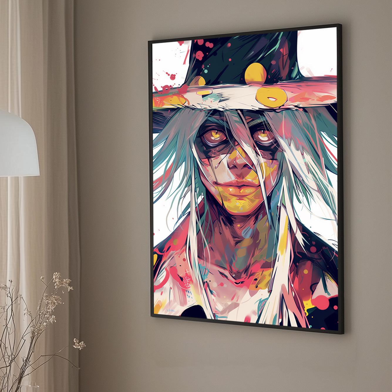 Dynamic portrait of a mystical character with golden eyes and vibrant splashes of colour, blending anime and abstract art styles.