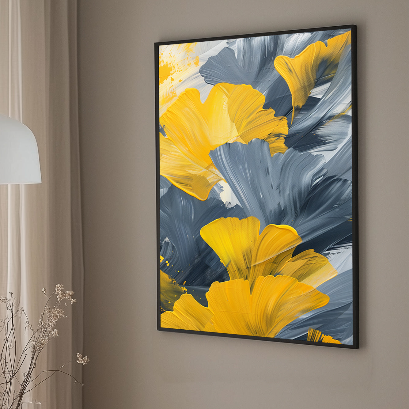 Bold abstract art featuring yellow ginkgo leaves contrasted with grey and white brushstrokes, perfect for contemporary and modern interiors.