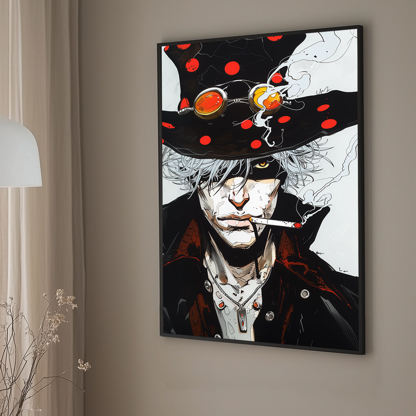 Intense anime-inspired wall art print featuring a mysterious figure with a polka-dot hat, goggles, and a smouldering cigarette, perfect for modern and edgy interiors.