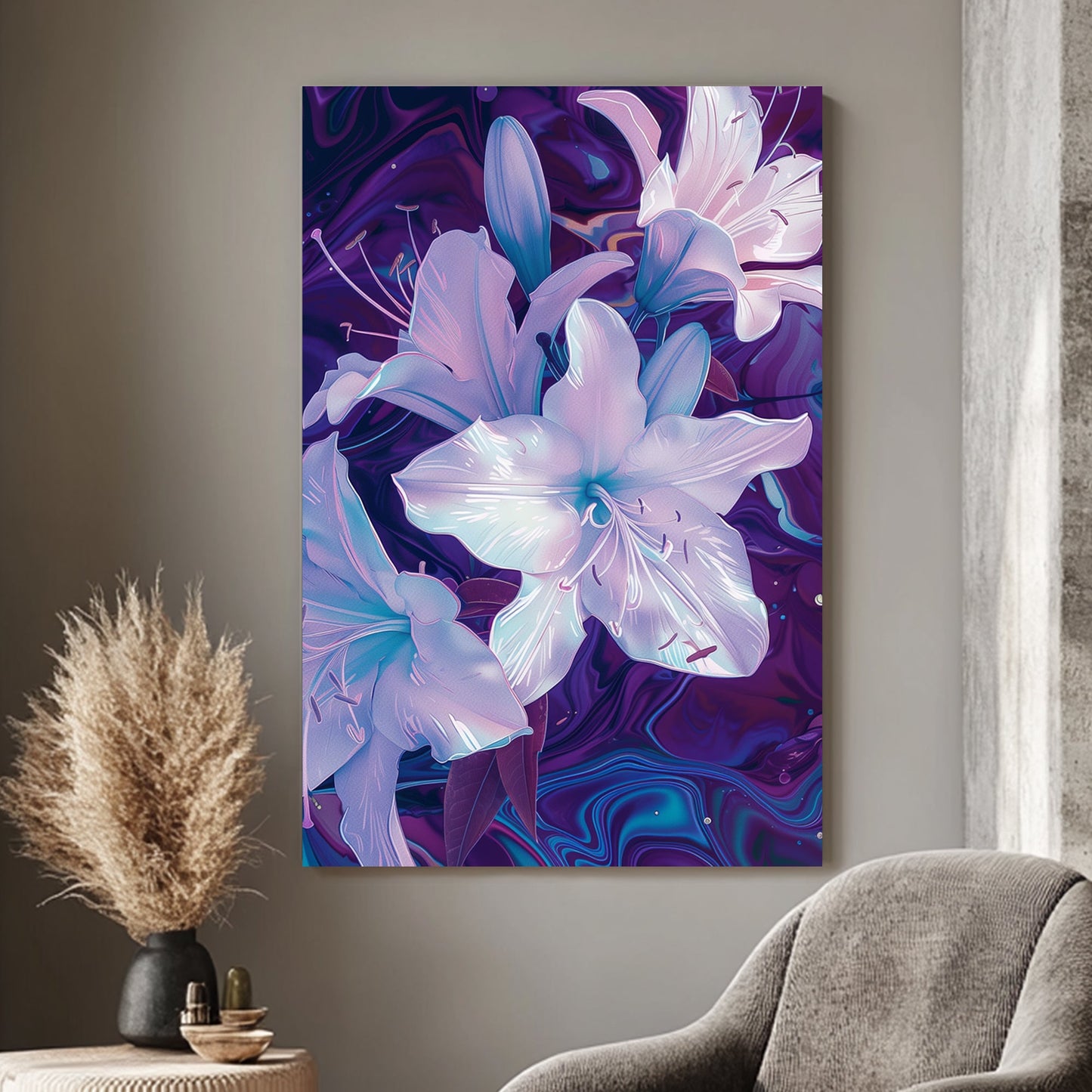 Elegant floral art featuring glowing lilies in lavender and pearl tones, set against a swirling purple and blue cosmic background, perfect for modern interiors.
