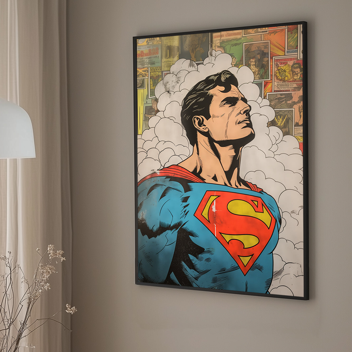 Vibrant comic book-style Superman wall art print of a classic superhero with bold colours and vintage textures, perfect for adding a nostalgic flair to modern interiors.