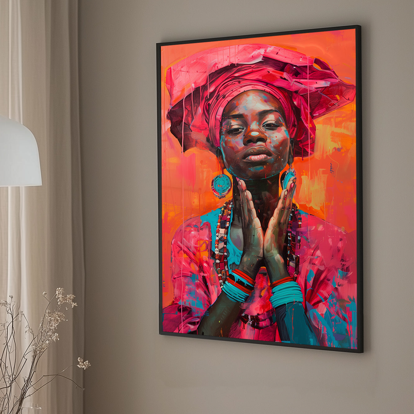 A vivid abstract portrait of a woman in traditional attire with bold fuchsia and teal accents, exuding empowerment and grace.