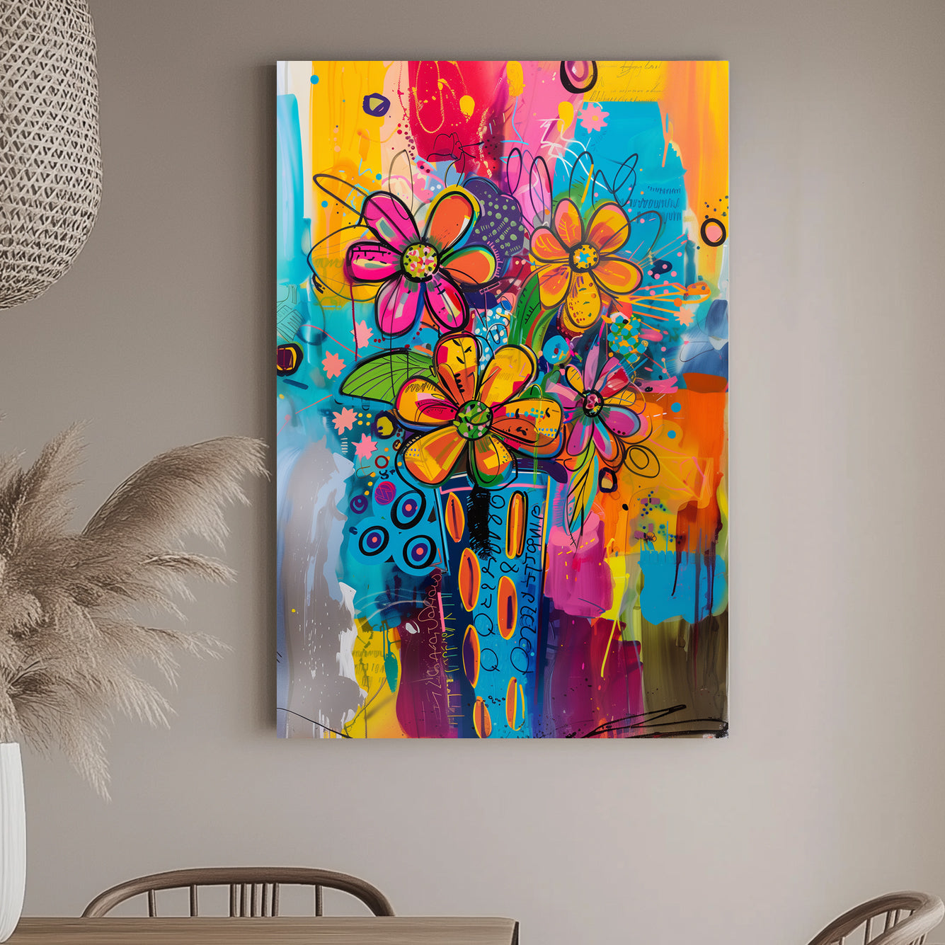A colourful graffiti-style wall art print featuring bold abstract flowers in a lively mix of vibrant hues and playful patterns.