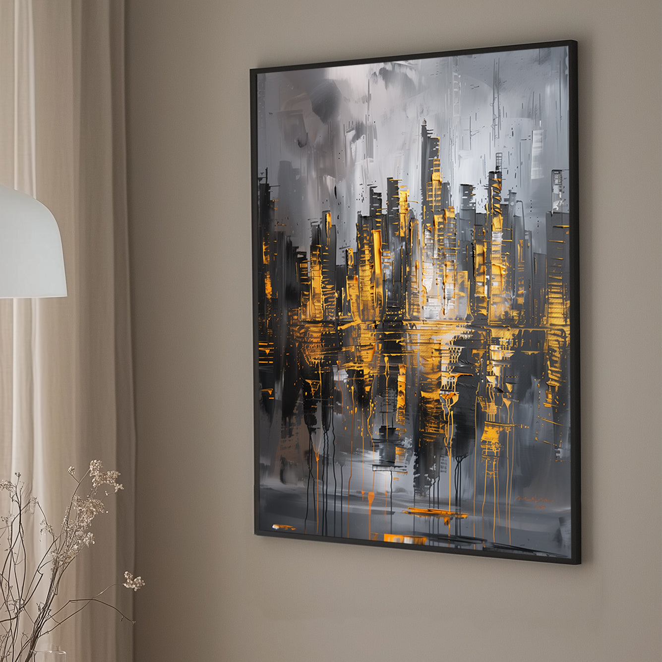 Abstract city skyline wall art print featuring metallic gold highlights and reflective textures on a grey background, creating an urban and modern vibe.