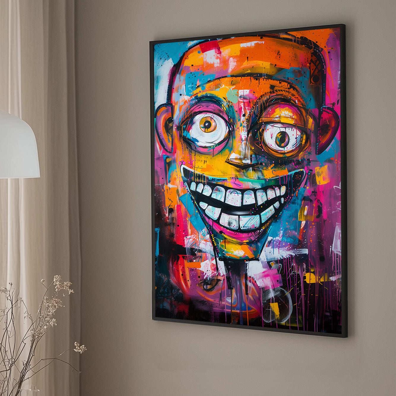 Abstract graffiti-style art of a colourful grinning face with exaggerated features and vibrant splashes of pink, blue, and orange.