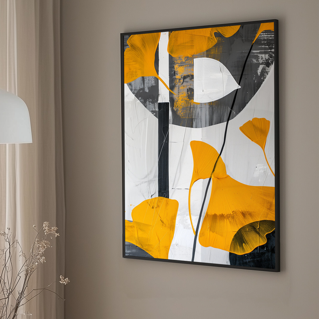 Abstract art featuring golden ginkgo leaves on a monochrome background with white, black, and grey textures. A contemporary minimalist design ideal for modern interiors.