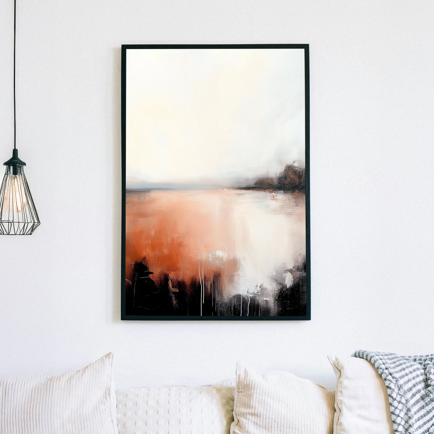 A modern abstract landscape with soft ivory tones blending into deep orange and black, resembling a hazy horizon at dusk with delicate textural details.