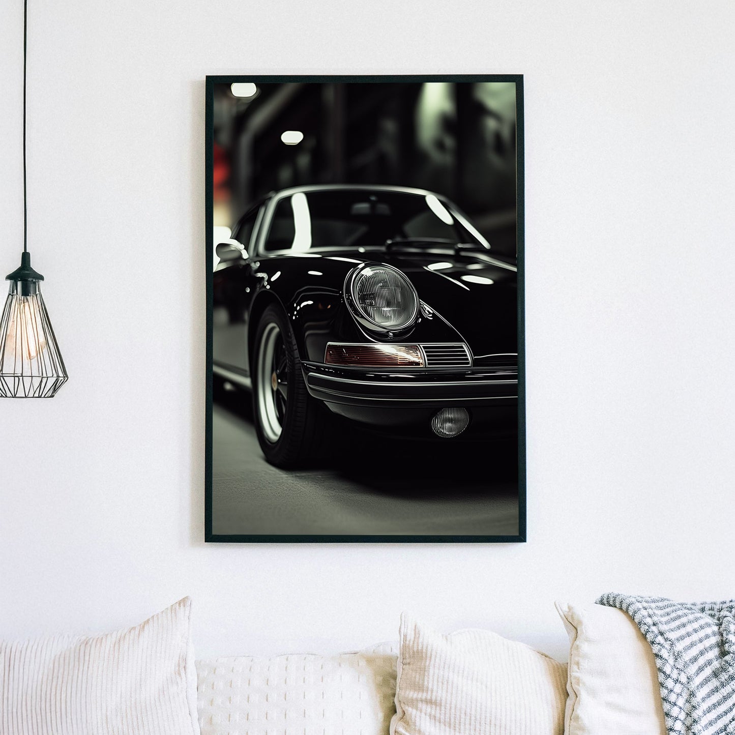 A sleek black-and-white digital wall art print featuring a classic luxury sports car under dramatic lighting, emphasizing its elegant curves and timeless design.