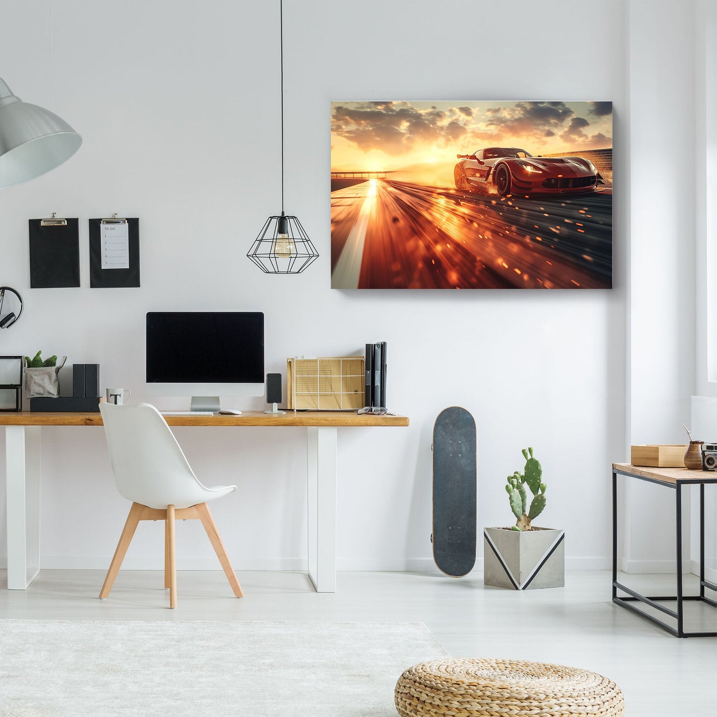 A hyper-realistic wall art print of a blazing red Chevrolet Corvette racing under a glowing sunset, leaving sparks and motion trails on a sleek track.